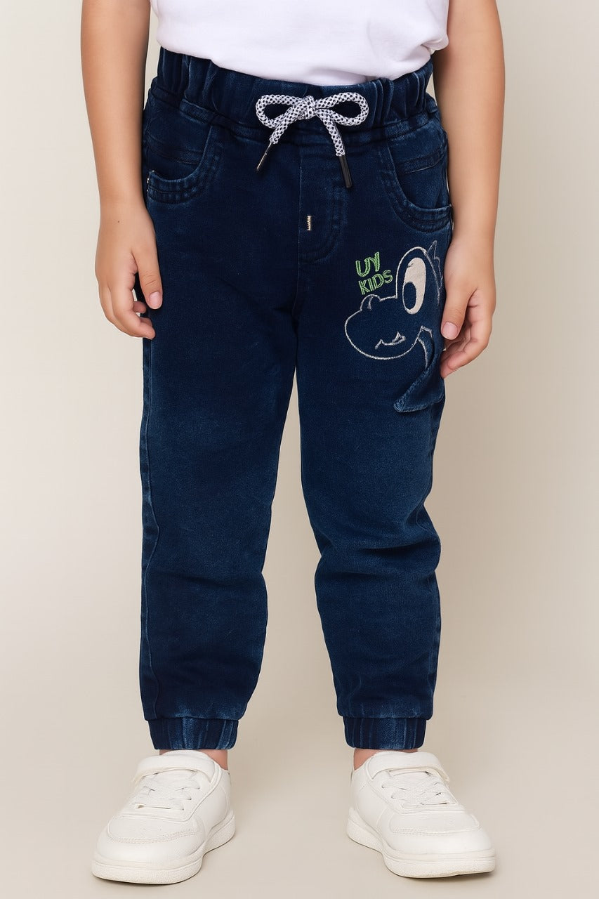 Boys Cartoon Embroidered Elastic Jeans