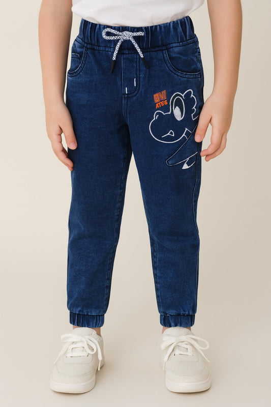 Boys Cartoon Embroidered Elastic Jeans