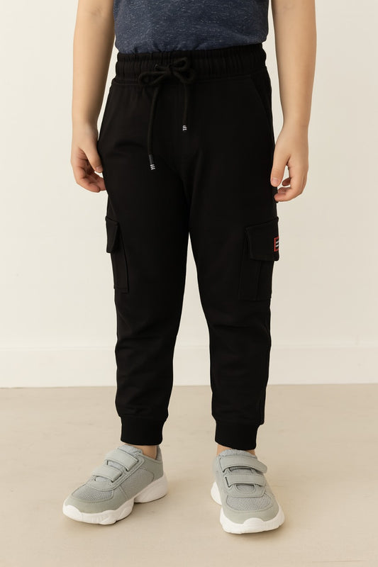 Boys Solid Cotton Cargo Trousers With Drawstrings