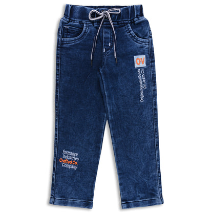 Boys’ Denim Regular Pants with Drawstring Waist & Printed Pattern – Full Length