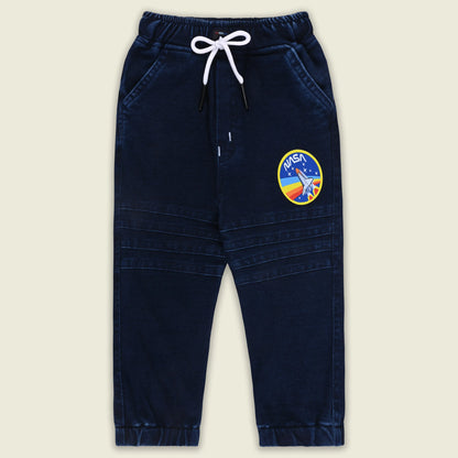 Boys Cotton Denim Jogger Pants with Drawstring – Navy Blue