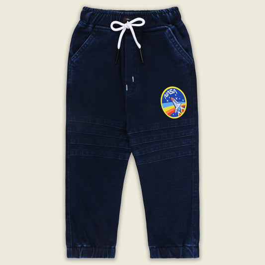 Boys Cotton Denim Jogger Pants with Drawstring – Navy Blue