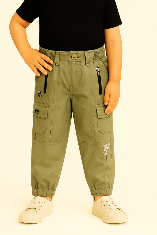 Boys Zipper Detail Elastic Waist Cotton Cargo Trouser