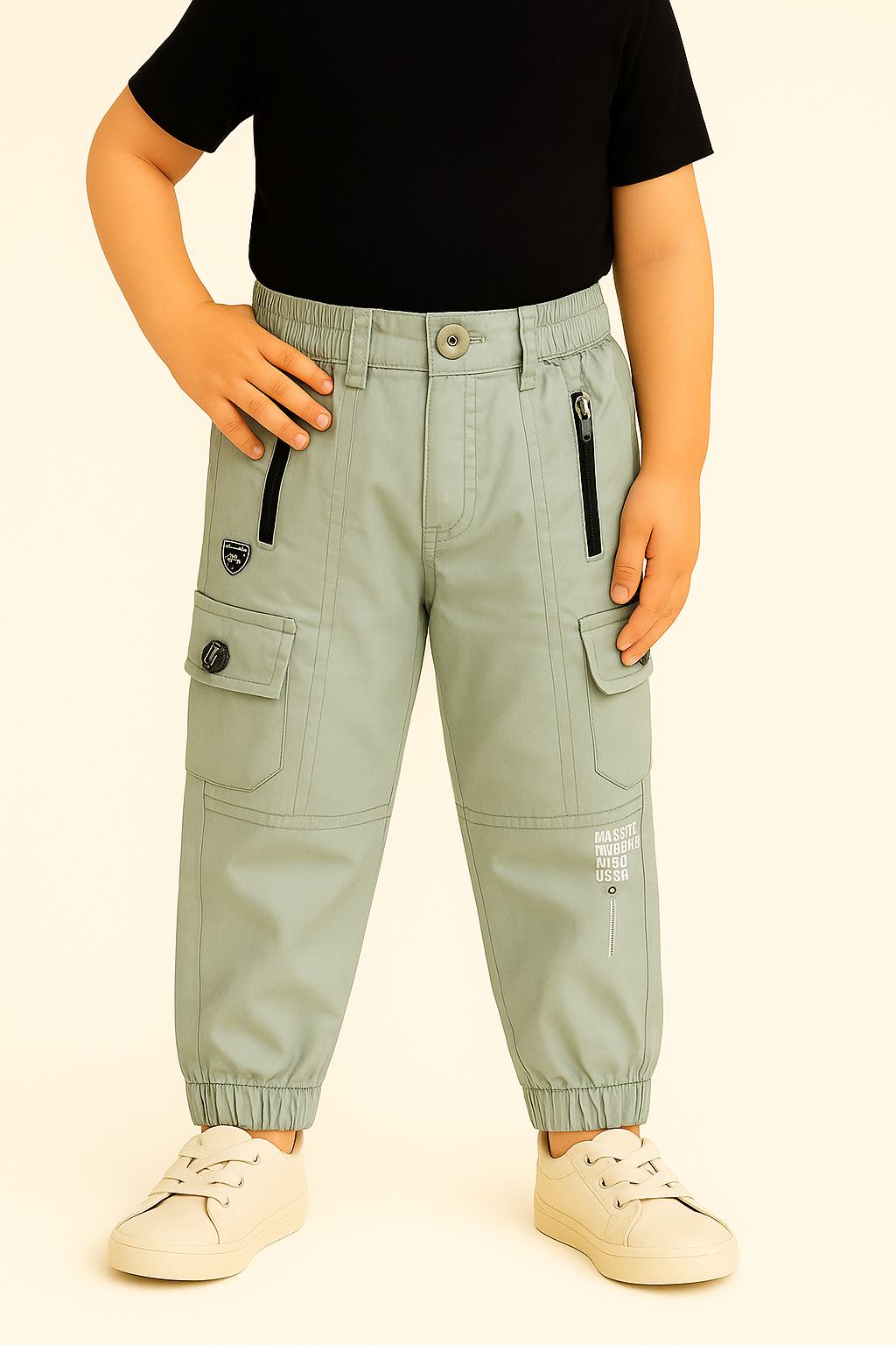 Boys Zipper Detail Elastic Waist Cotton Cargo Trouser
