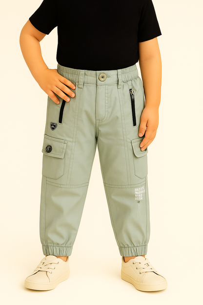 Boys Zipper Detail Elastic Waist Cotton Cargo Trouser