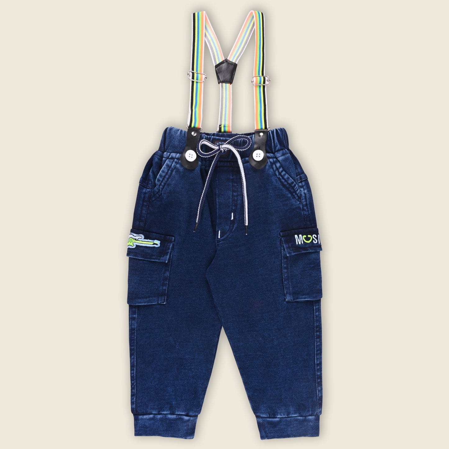 Boys Blue Denim Elastic Cargo Trouser With Suspenders