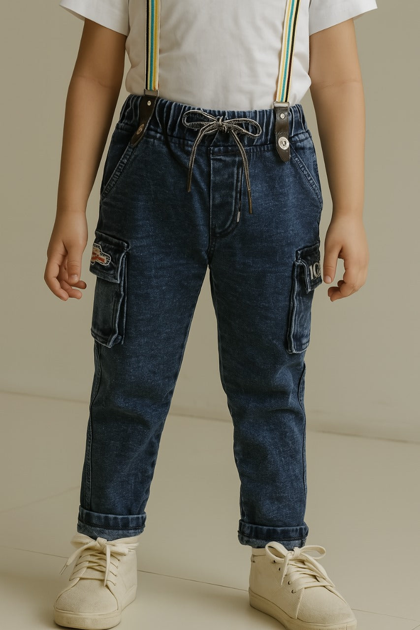 Boys Blue Denim Elastic Cargo Trouser With Suspenders