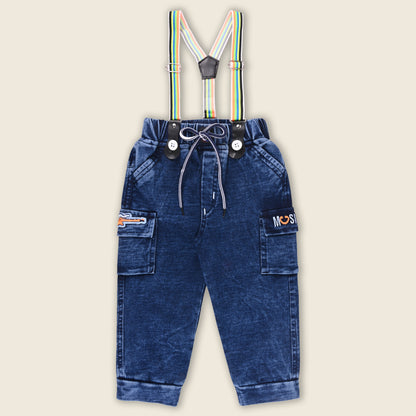 Boys Blue Denim Elastic Cargo Trouser With Suspenders