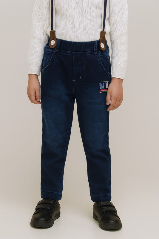 Boys Blue Denim Elastic Cargo Trouser With Suspenders