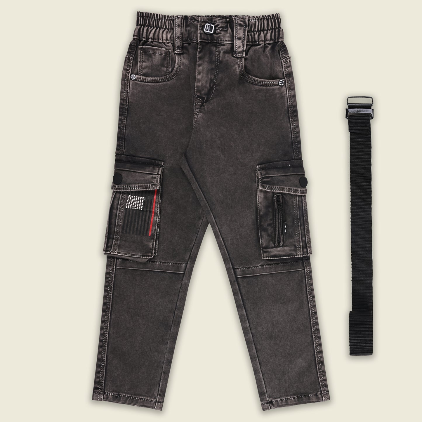 Boys Cotton Denim Cargo Pants with Belt