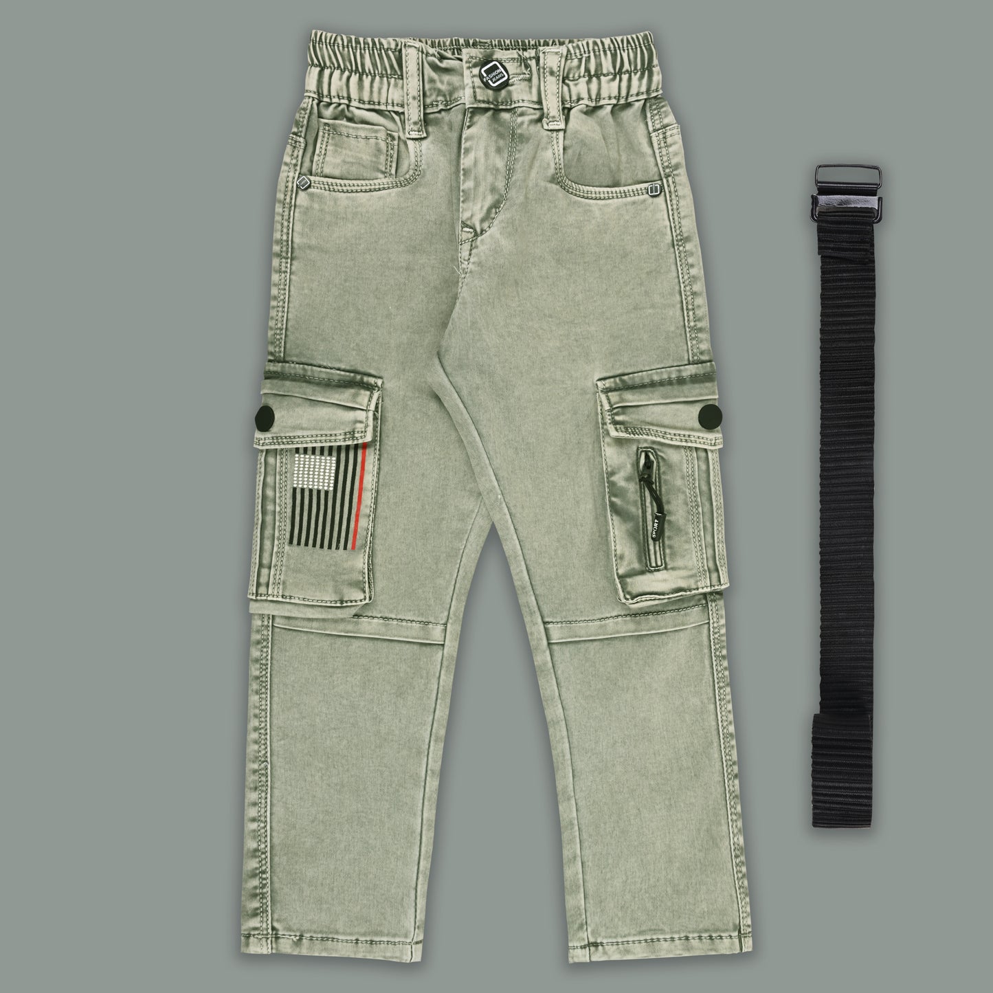 Boys Cotton Denim Cargo Pants with Belt