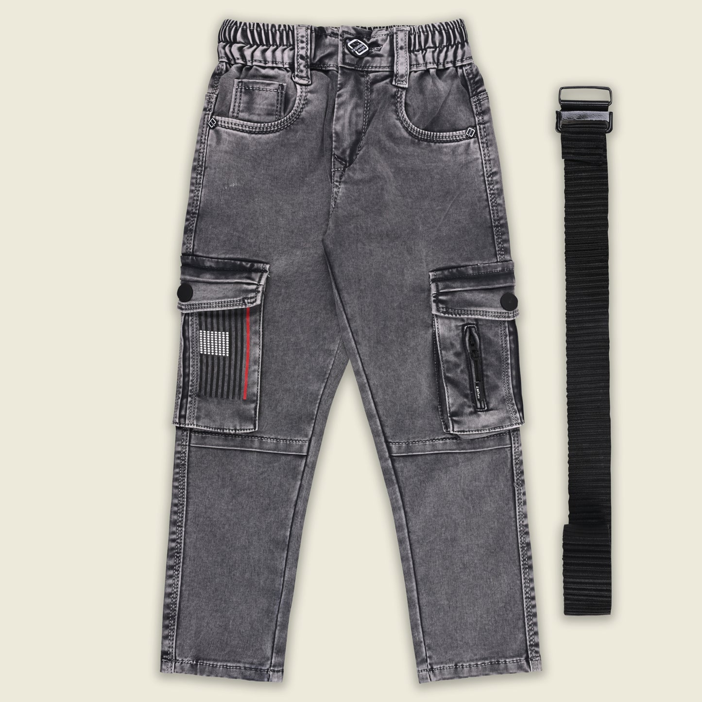 Boys Cotton Denim Cargo Pants with Belt