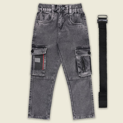 Boys Cotton Denim Cargo Pants with Belt