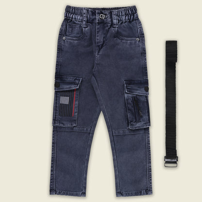 Boys Cotton Denim Cargo Pants with Belt