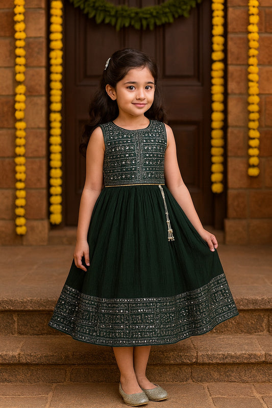 Girls Embellished Fit and Flare Sleeveless Full Length Frock Dress