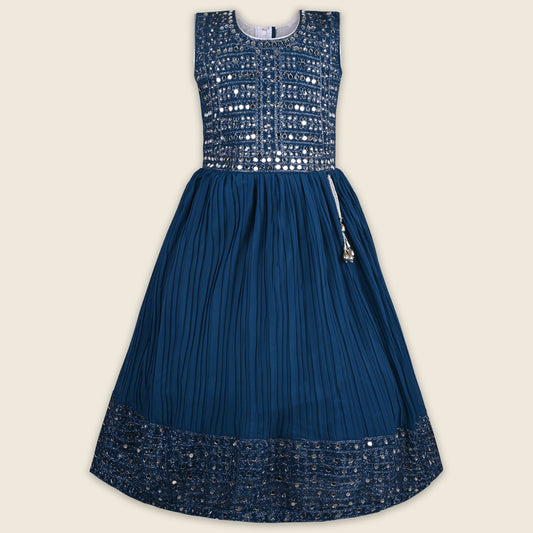 Girls Mirror Embellished Pleated Ethnic Dress