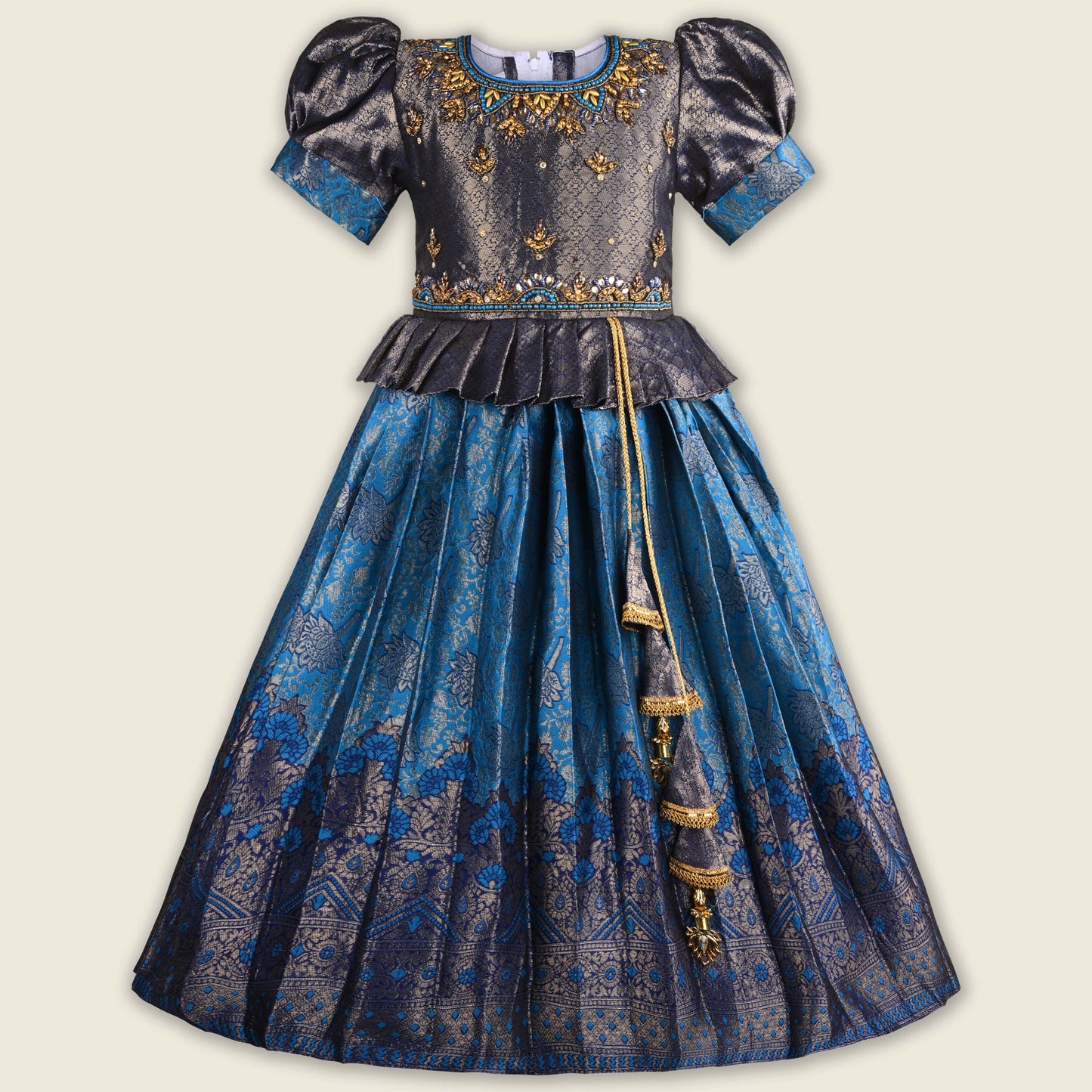 Girls Woven Zari Printed Bead Embellished Ethnic Dress