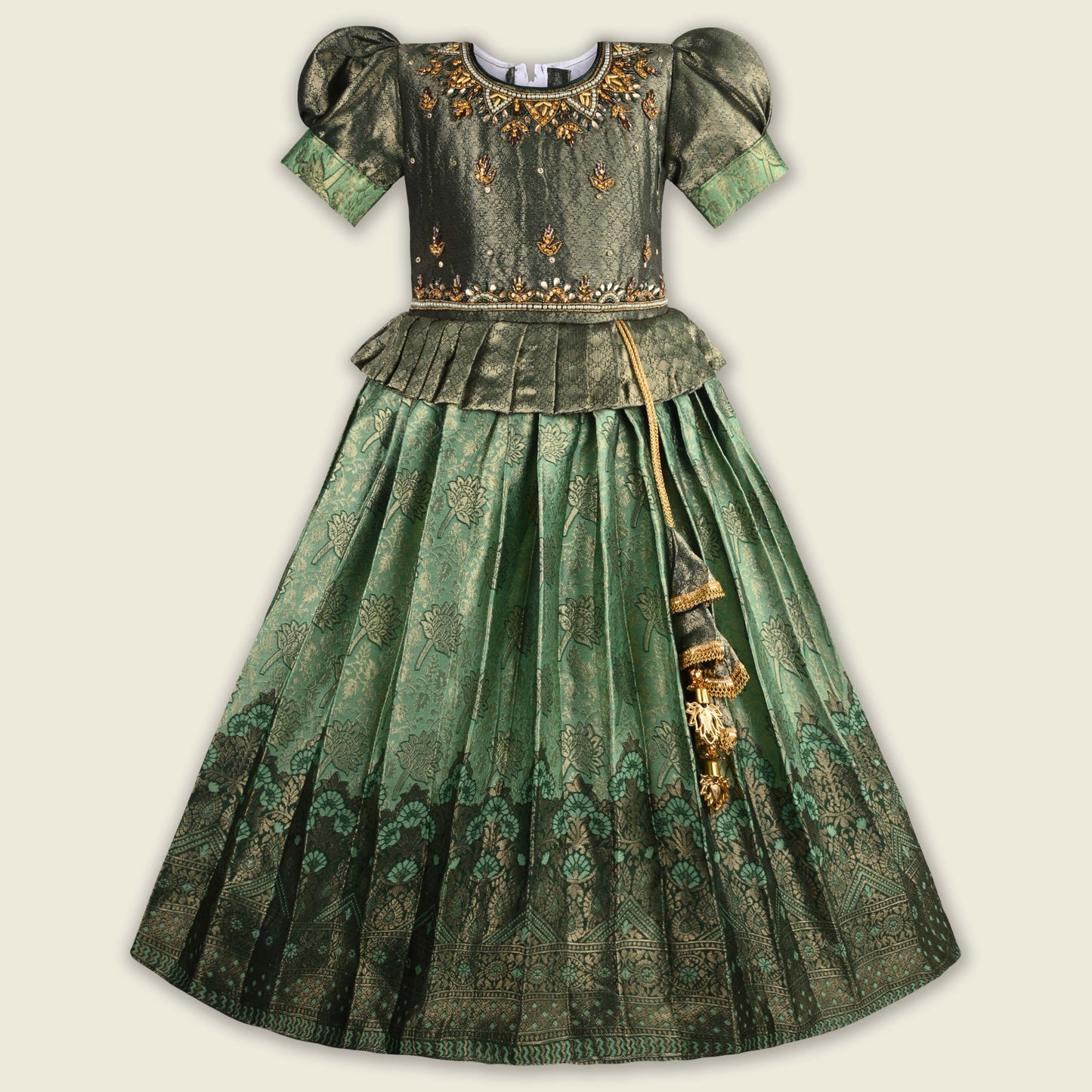 Girls Woven Zari Printed Bead Embellished Ethnic Dress
