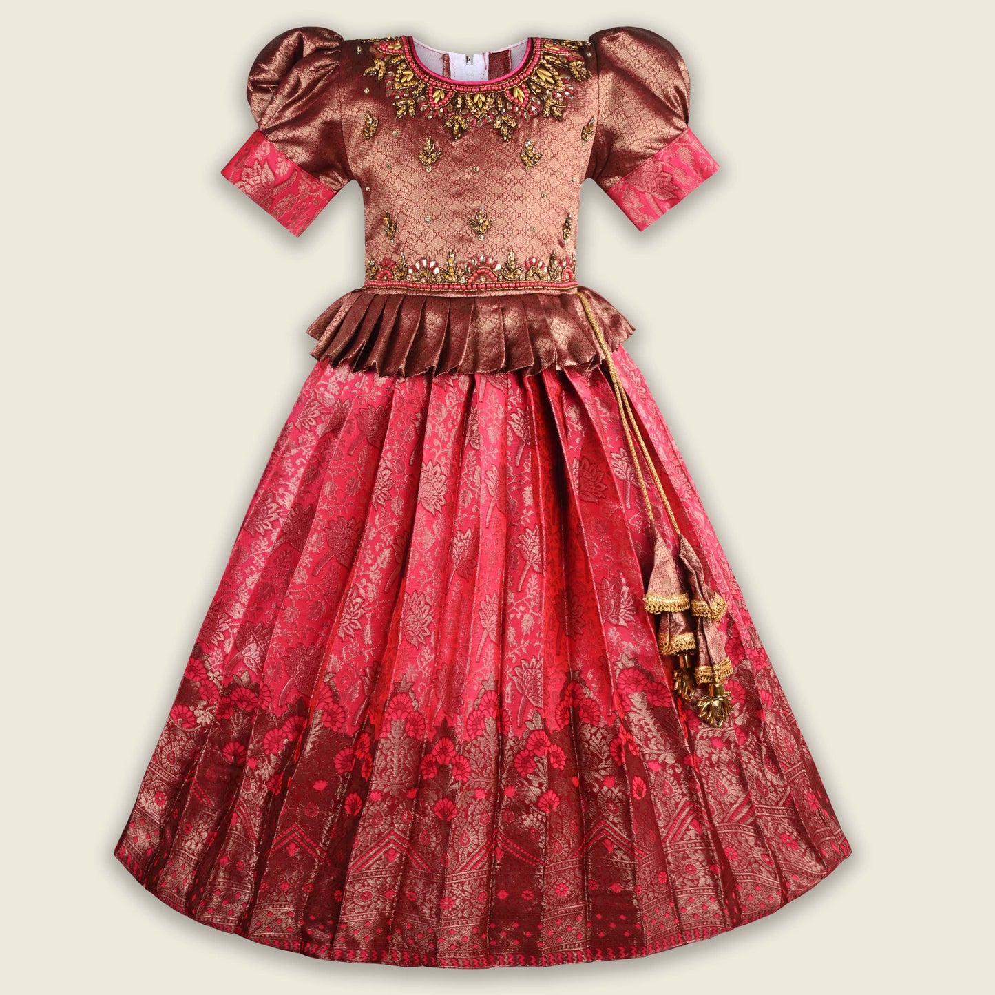 Girls Woven Zari Printed Bead Embellished Ethnic Dress