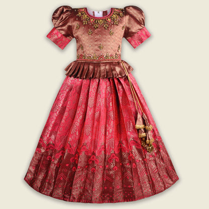 Girls Woven Zari Printed Bead Embellished Ethnic Dress