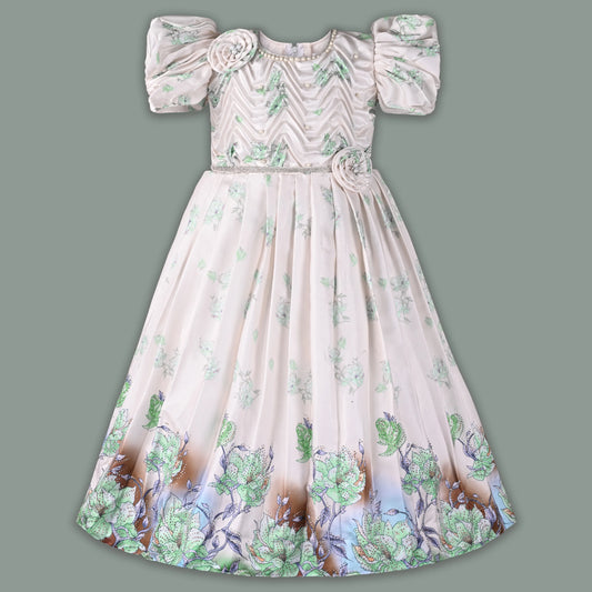 Girls Satin Floral Party Dress with Puff Sleeves & 3D Flower Detail | Elegant Kids Occasion Wear