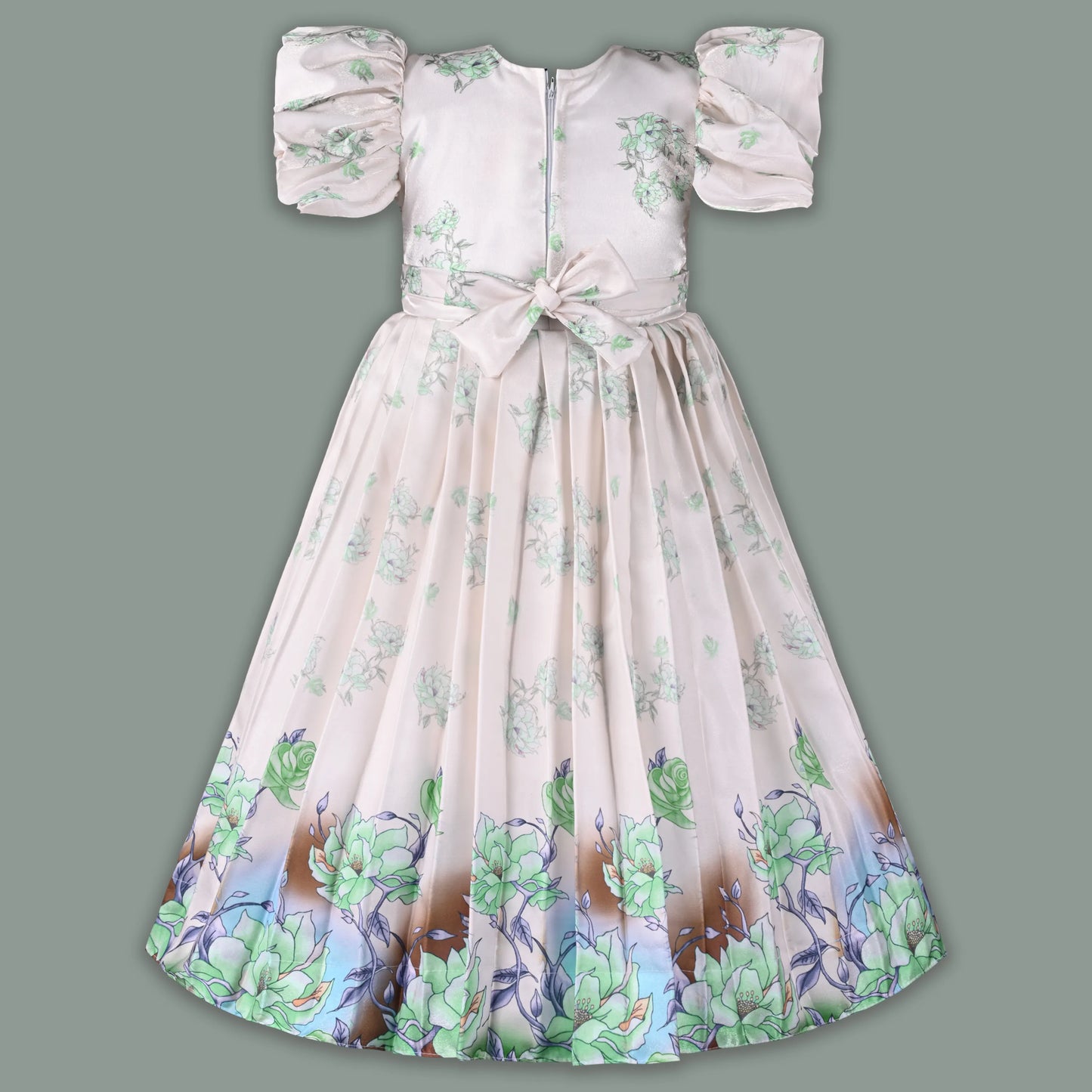 Girls Satin Floral Party Dress with Puff Sleeves & 3D Flower Detail | Elegant Kids Occasion Wear