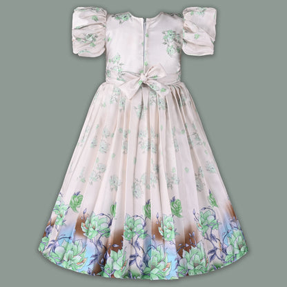 Girls Satin Floral Party Dress with Puff Sleeves & 3D Flower Detail | Elegant Kids Occasion Wear