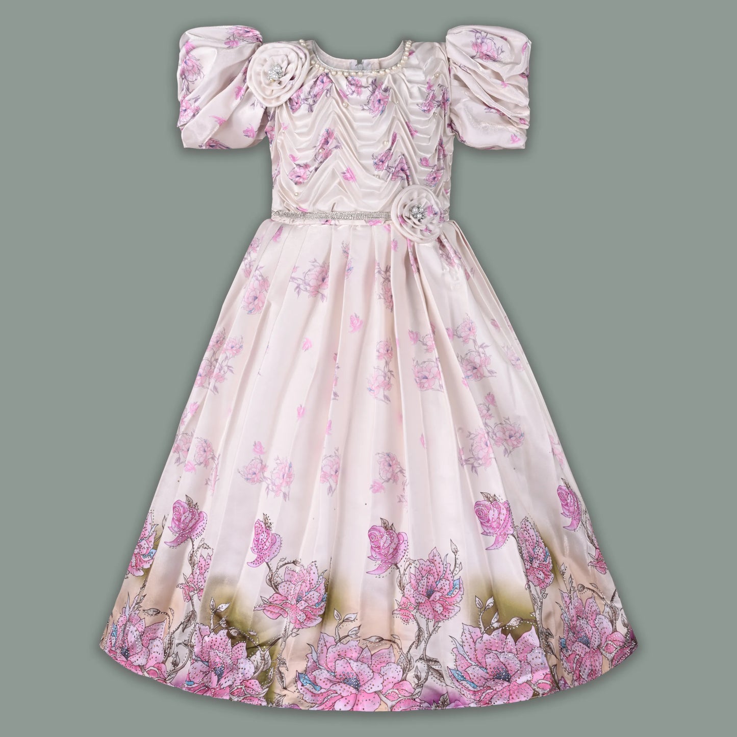 Girls Satin Floral Party Dress with Puff Sleeves & 3D Flower Detail | Elegant Kids Occasion Wear