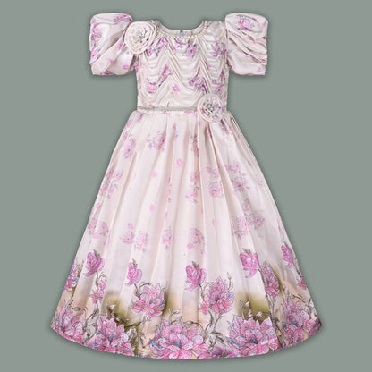 Girls Satin Floral Party Dress with Puff Sleeves & 3D Flower Detail | Elegant Kids Occasion Wear