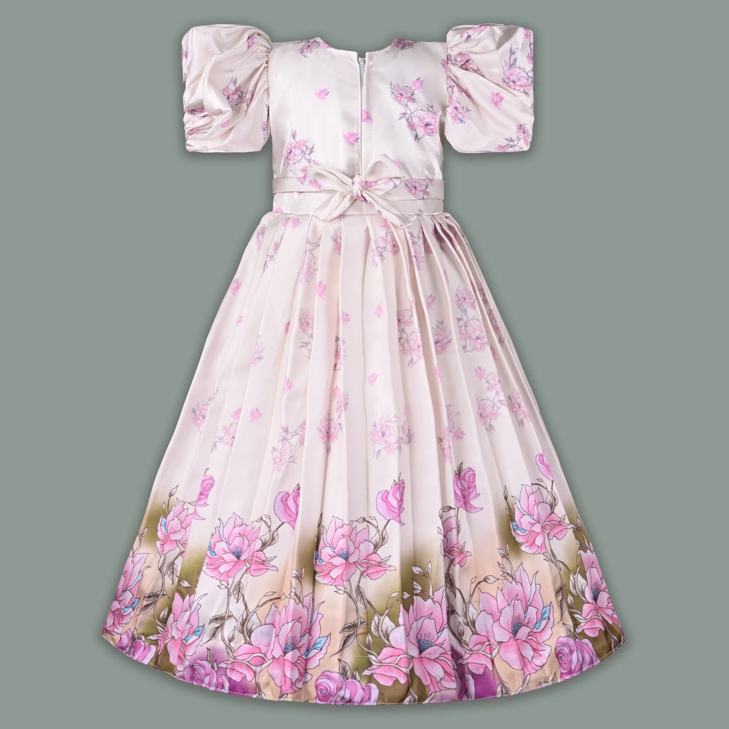 Girls Satin Floral Party Dress with Puff Sleeves & 3D Flower Detail | Elegant Kids Occasion Wear
