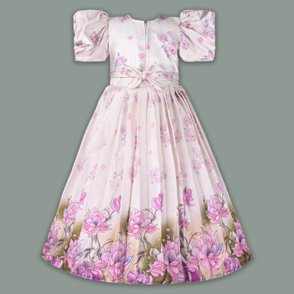 Girls Satin Floral Party Dress with Puff Sleeves & 3D Flower Detail | Elegant Kids Occasion Wear