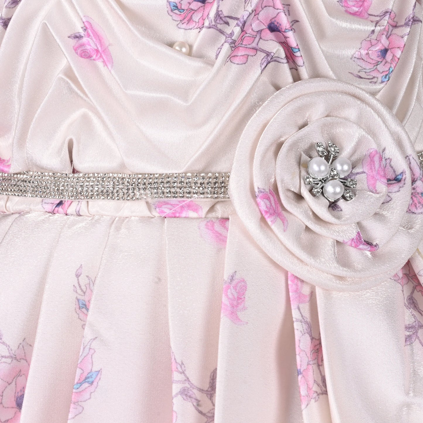 Girls Satin Floral Party Dress with Puff Sleeves & 3D Flower Detail | Elegant Kids Occasion Wear