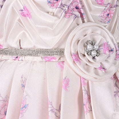 Girls Satin Floral Party Dress with Puff Sleeves & 3D Flower Detail | Elegant Kids Occasion Wear