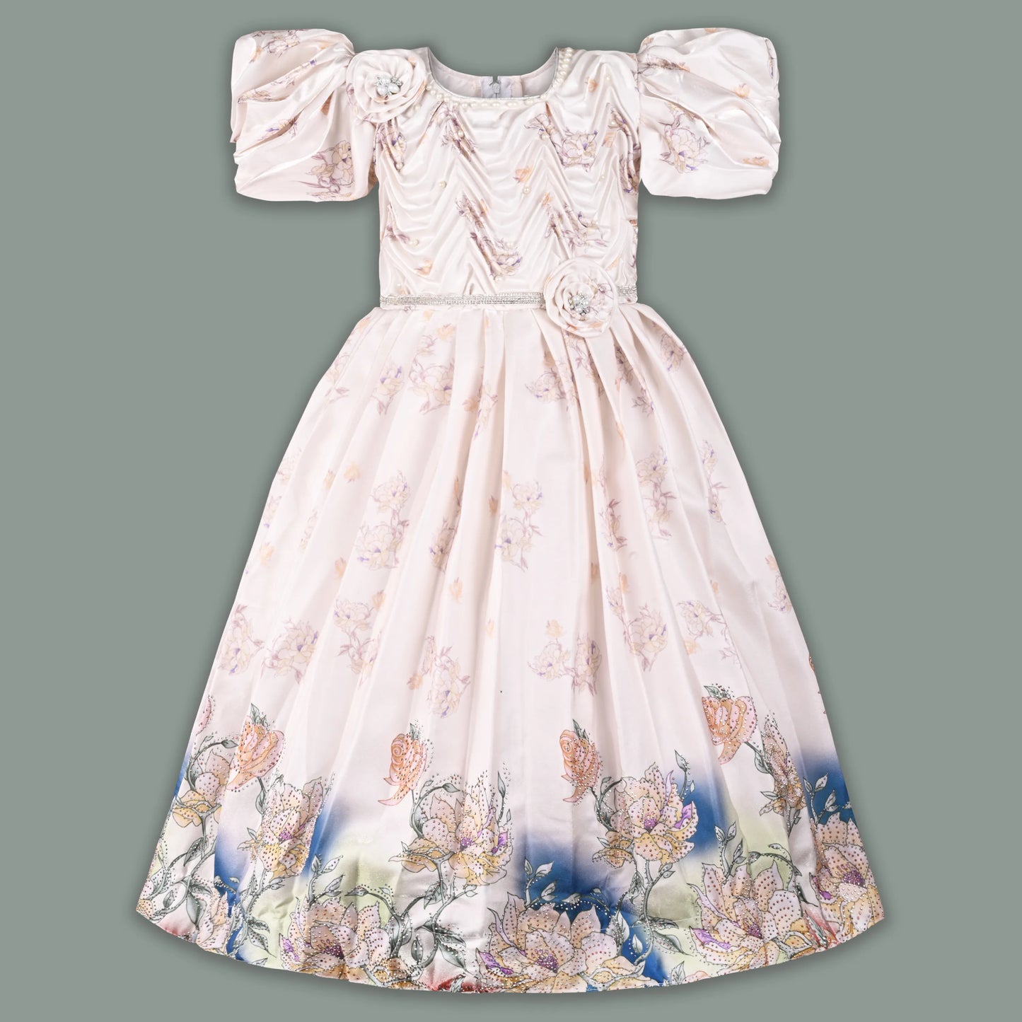 Girls Satin Floral Party Dress with Puff Sleeves & 3D Flower Detail | Elegant Kids Occasion Wear