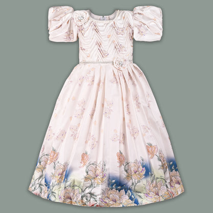 Girls Satin Floral Party Dress with Puff Sleeves & 3D Flower Detail | Elegant Kids Occasion Wear