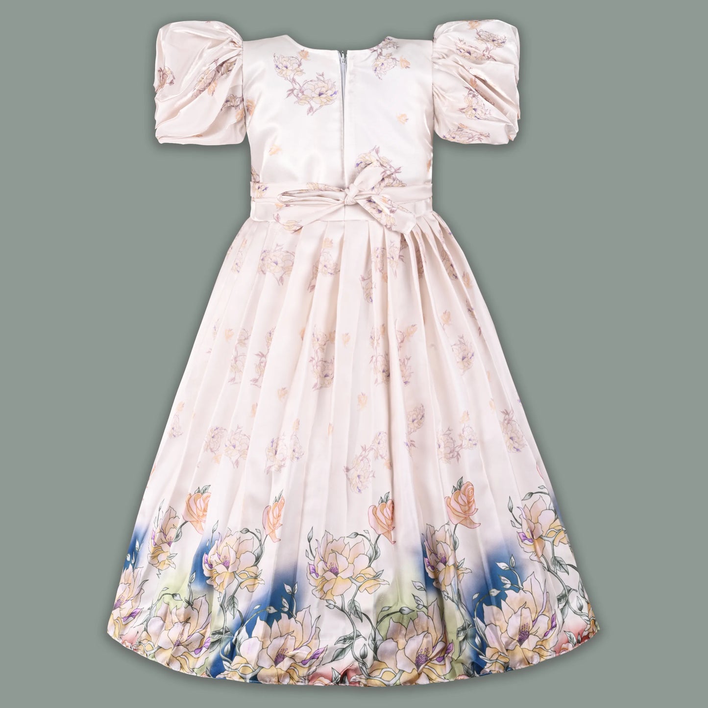 Girls Satin Floral Party Dress with Puff Sleeves & 3D Flower Detail | Elegant Kids Occasion Wear
