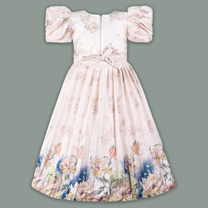 Girls Satin Floral Party Dress with Puff Sleeves & 3D Flower Detail | Elegant Kids Occasion Wear
