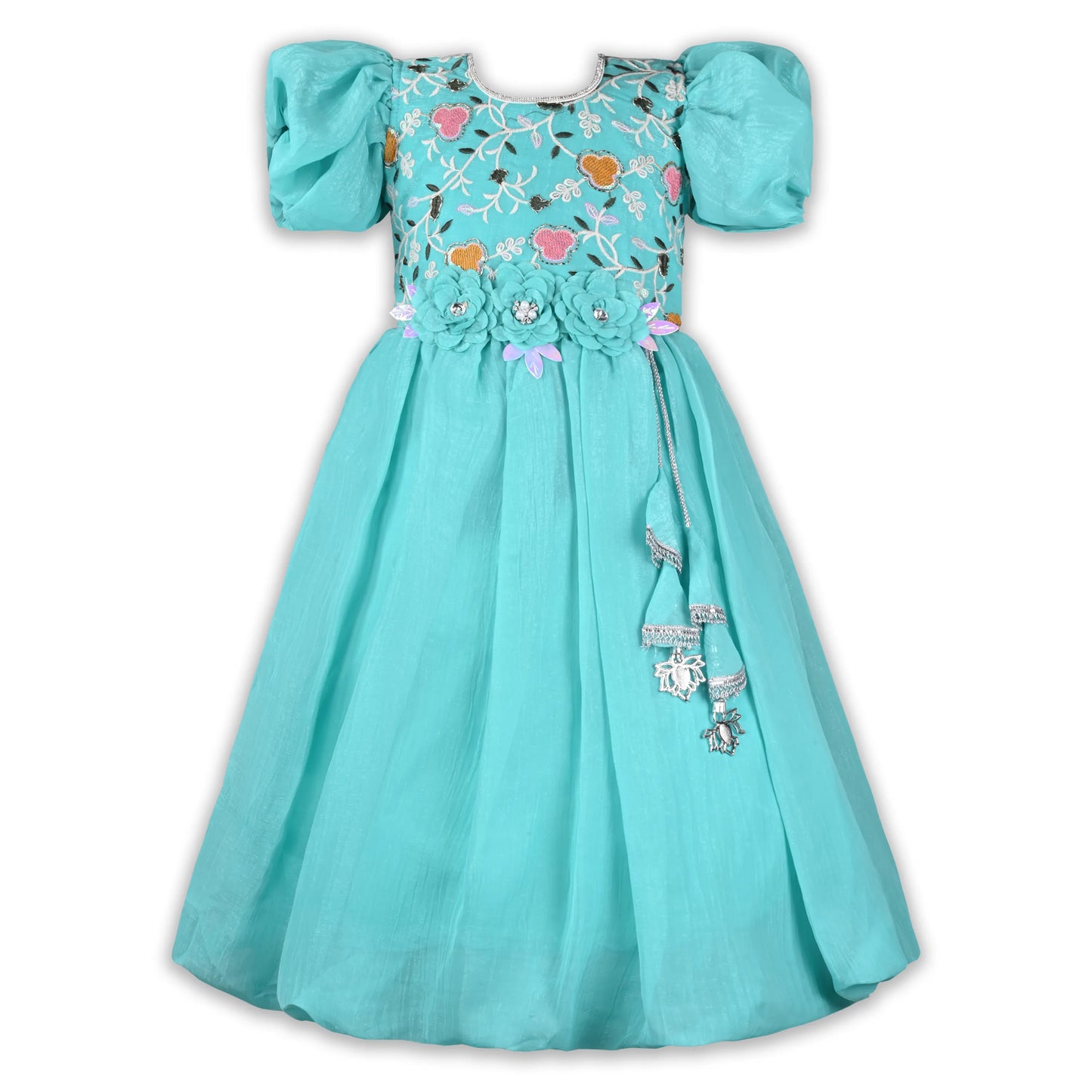 Girls Chiffon Party Dress with Embroidery & Floral Waist Detail | Elegant Kids Festive Wear