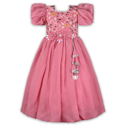 Girls Chiffon Party Dress with Embroidery & Floral Waist Detail | Elegant Kids Festive Wear