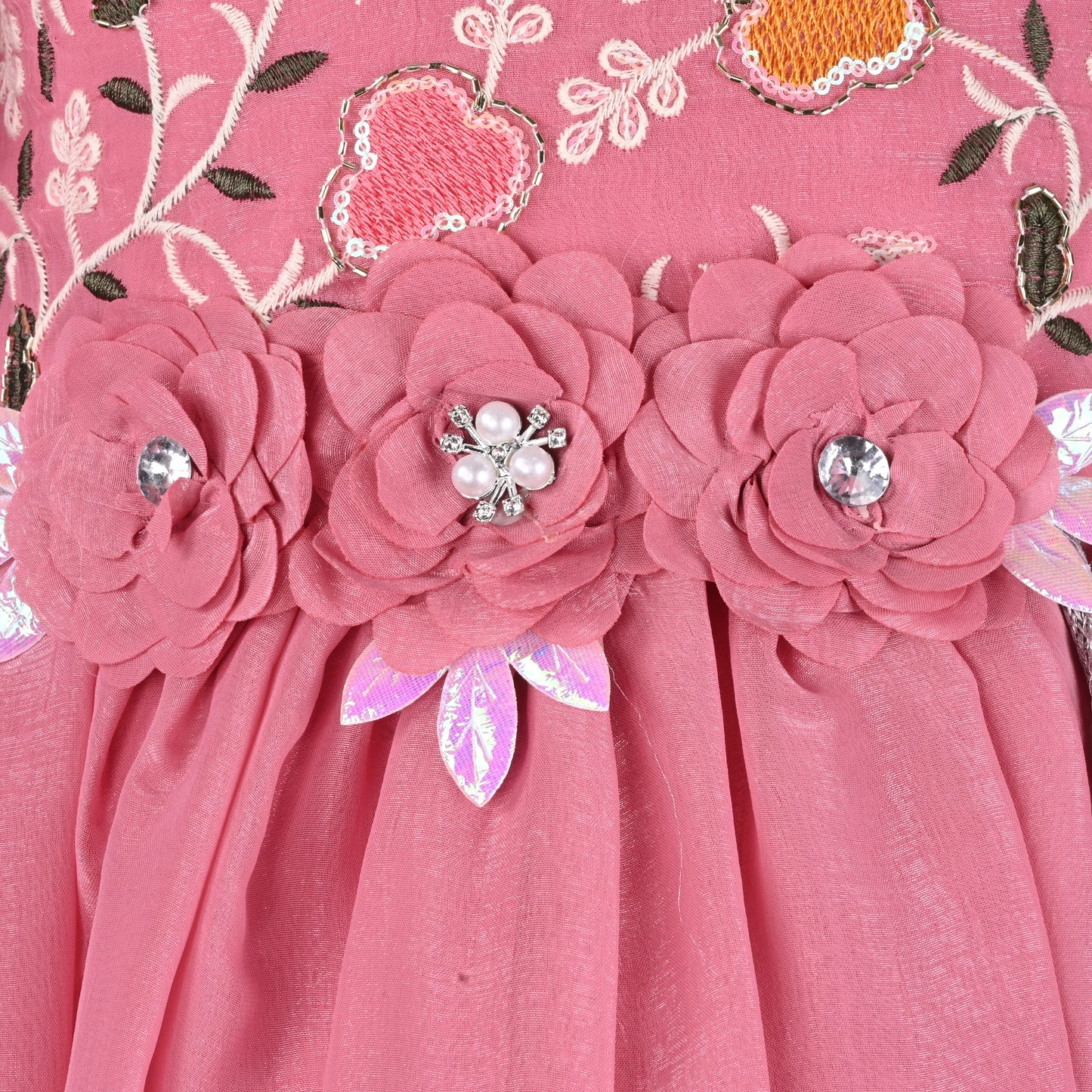 Girls Chiffon Party Dress with Embroidery & Floral Waist Detail | Elegant Kids Festive Wear