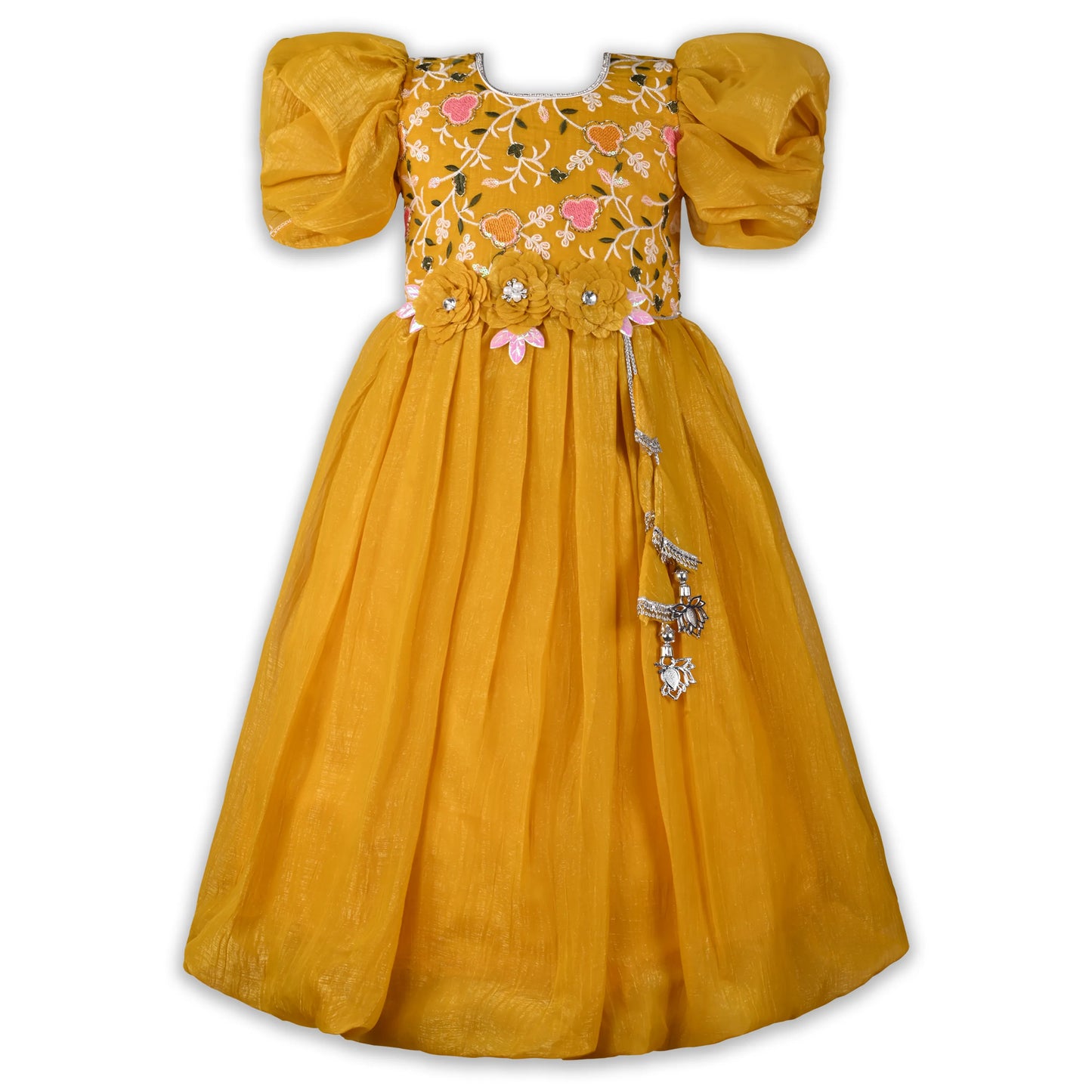 Girls Chiffon Party Dress with Embroidery & Floral Waist Detail | Elegant Kids Festive Wear