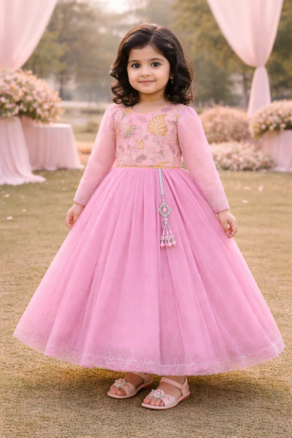 Girls Chiffon Embroidered Gown with Full Sleeves & Tassel Detail | Elegant Kids Party Wear