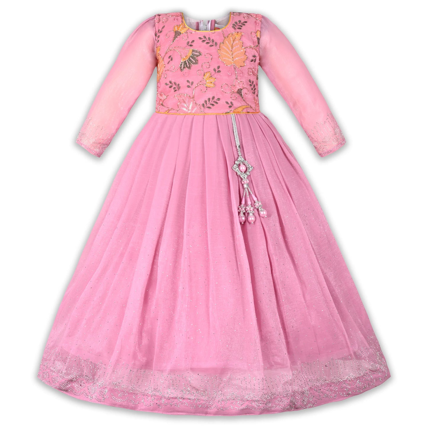 Girls Chiffon Embroidered Gown with Full Sleeves & Tassel Detail | Elegant Kids Party Wear
