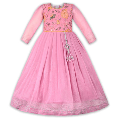 Girls Chiffon Embroidered Gown with Full Sleeves & Tassel Detail | Elegant Kids Party Wear