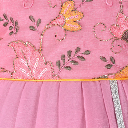 Girls Chiffon Embroidered Gown with Full Sleeves & Tassel Detail | Elegant Kids Party Wear