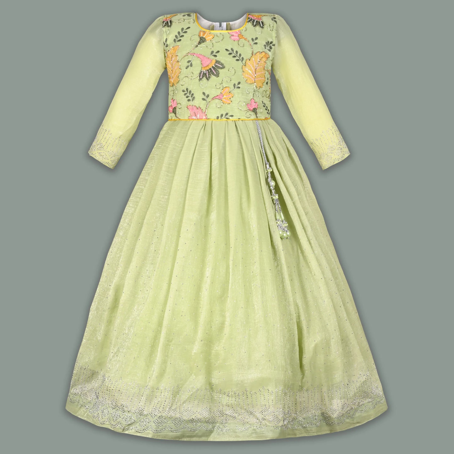 Girls Chiffon Embroidered Gown with Full Sleeves & Tassel Detail | Elegant Kids Party Wear
