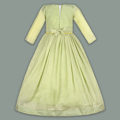 Girls Chiffon Embroidered Gown with Full Sleeves & Tassel Detail | Elegant Kids Party Wear