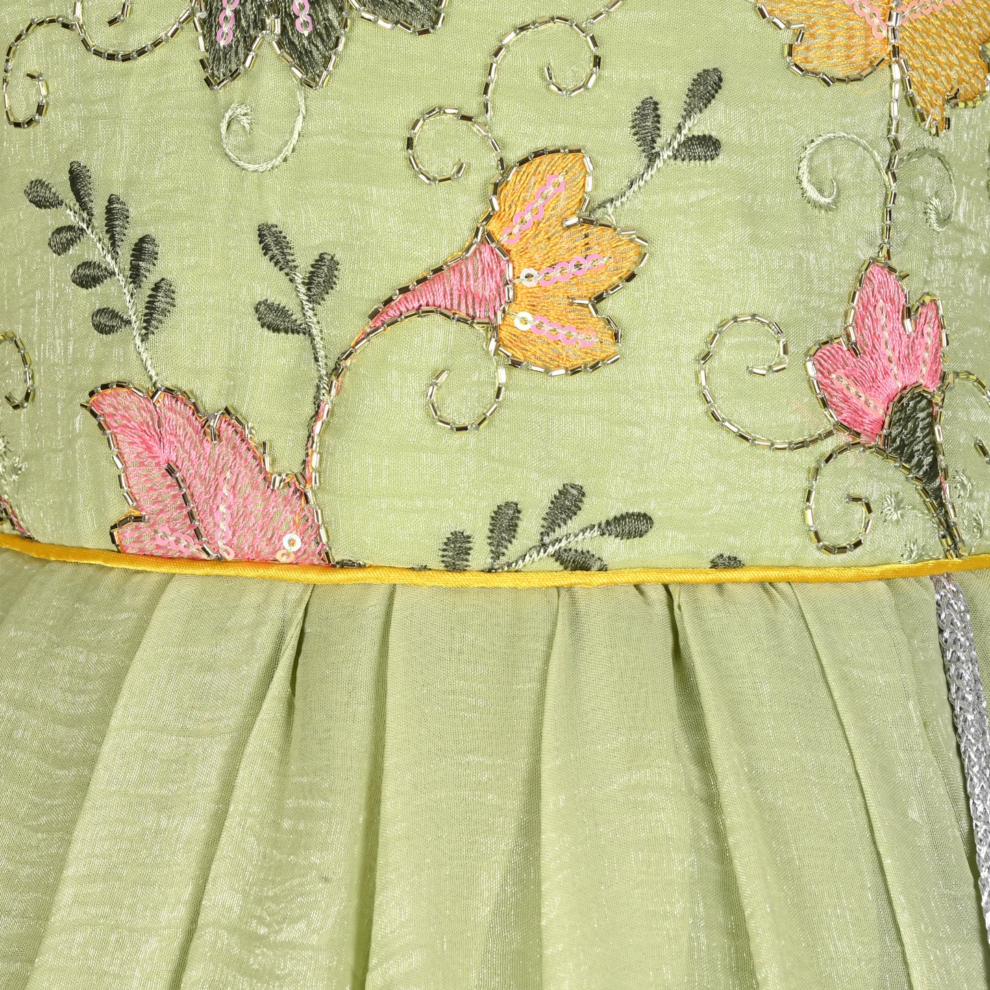 Girls Chiffon Embroidered Gown with Full Sleeves & Tassel Detail | Elegant Kids Party Wear