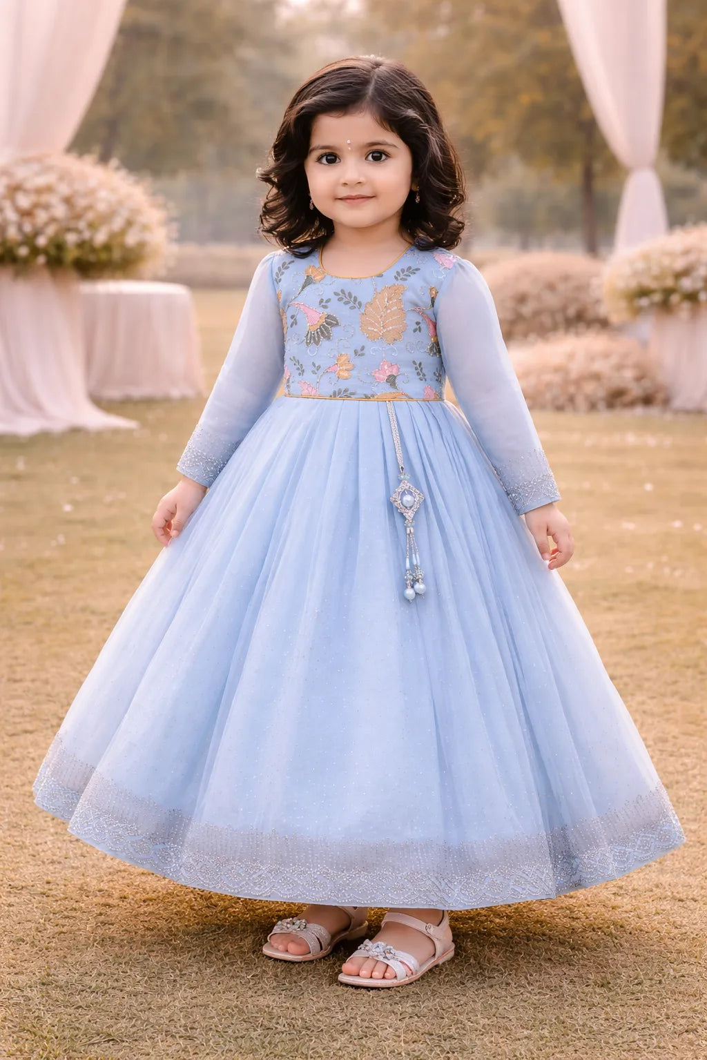 Girls Chiffon Embroidered Gown with Full Sleeves & Tassel Detail | Elegant Kids Party Wear