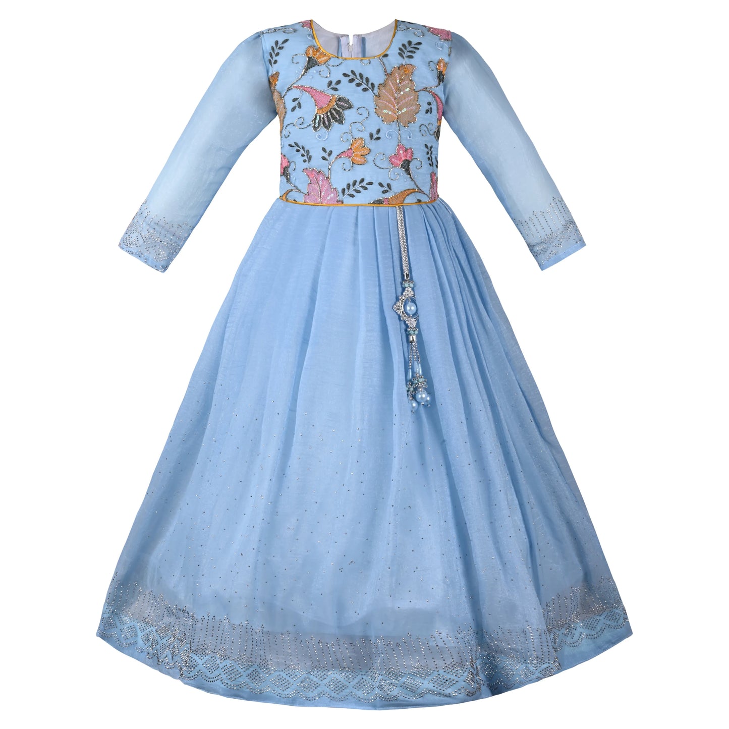Girls Chiffon Embroidered Gown with Full Sleeves & Tassel Detail | Elegant Kids Party Wear